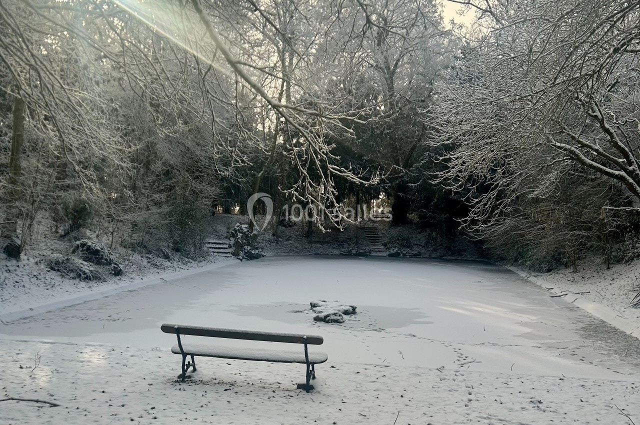 Banc face à un étang gelé entouré d'arbres enneigés sous une lumière hivernale douce.