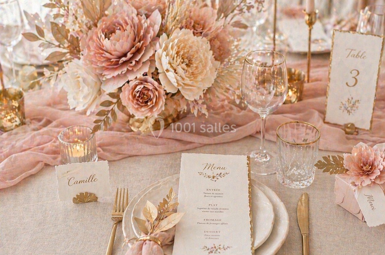 Table élégamment dressée avec des tons pastel, fleurs, bougies dorées et menu placé sur une assiette blanche.