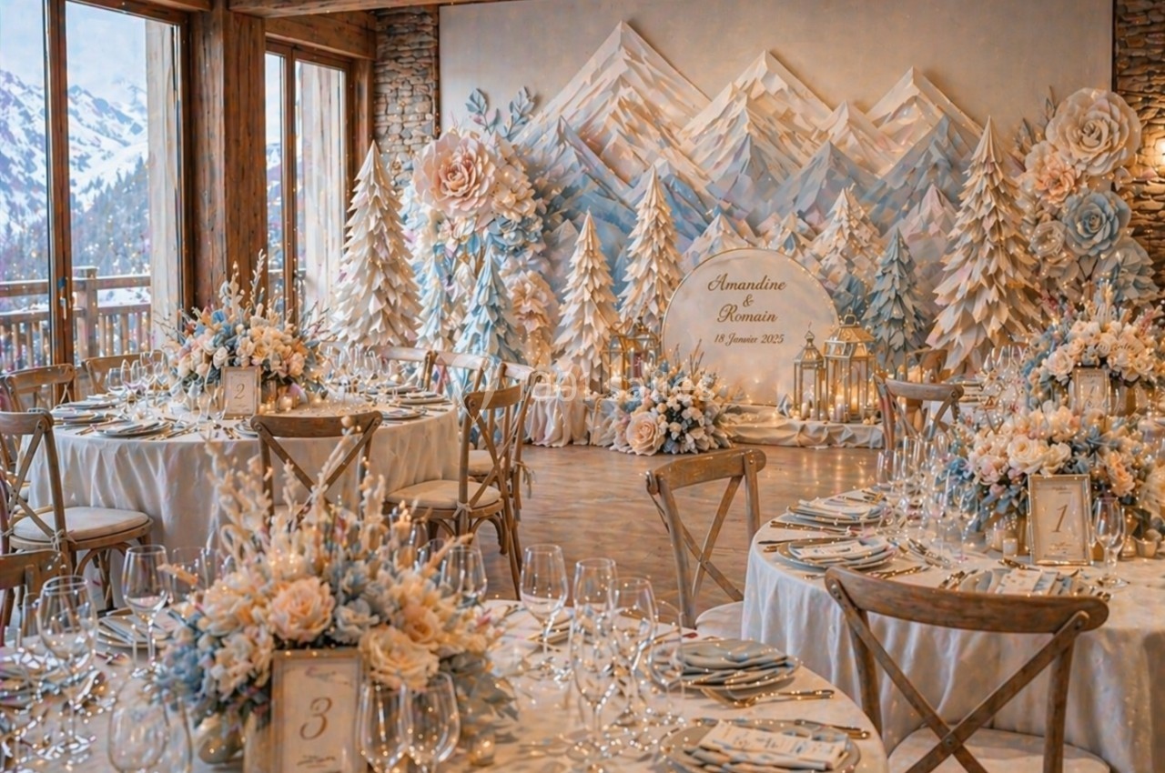 Salle de réception décorée sur le thème hivernal avec tables élégantes, fleurs pastel et fond de montagnes enneigées.