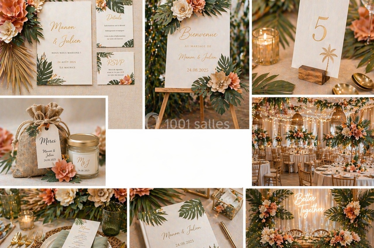 Papeterie et décoration de mariage tropicale avec motifs floraux, feuillages et tons naturels dans un cadre chaleureux.