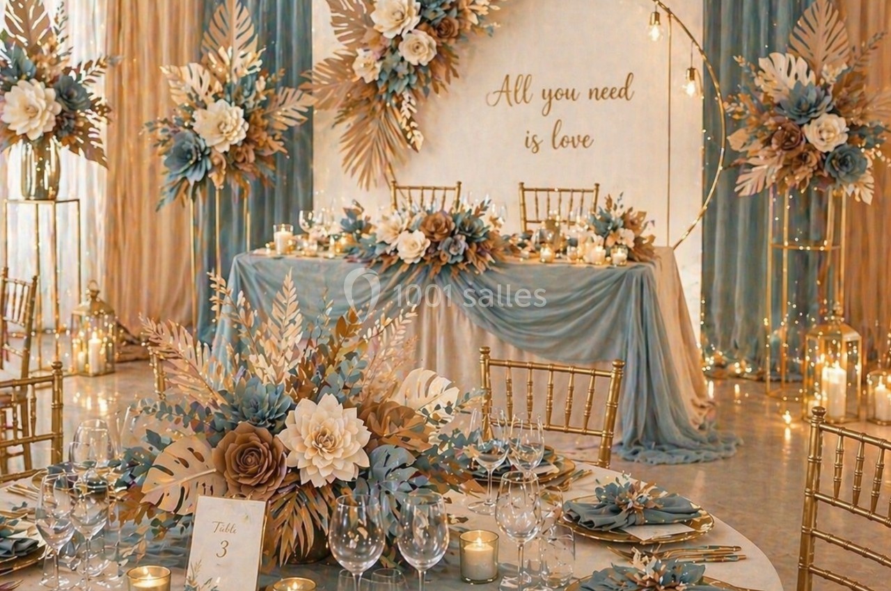 Salle de réception décorée avec des fleurs dorées et bleues, nappes assorties et bougies, ambiance élégante et romantique.