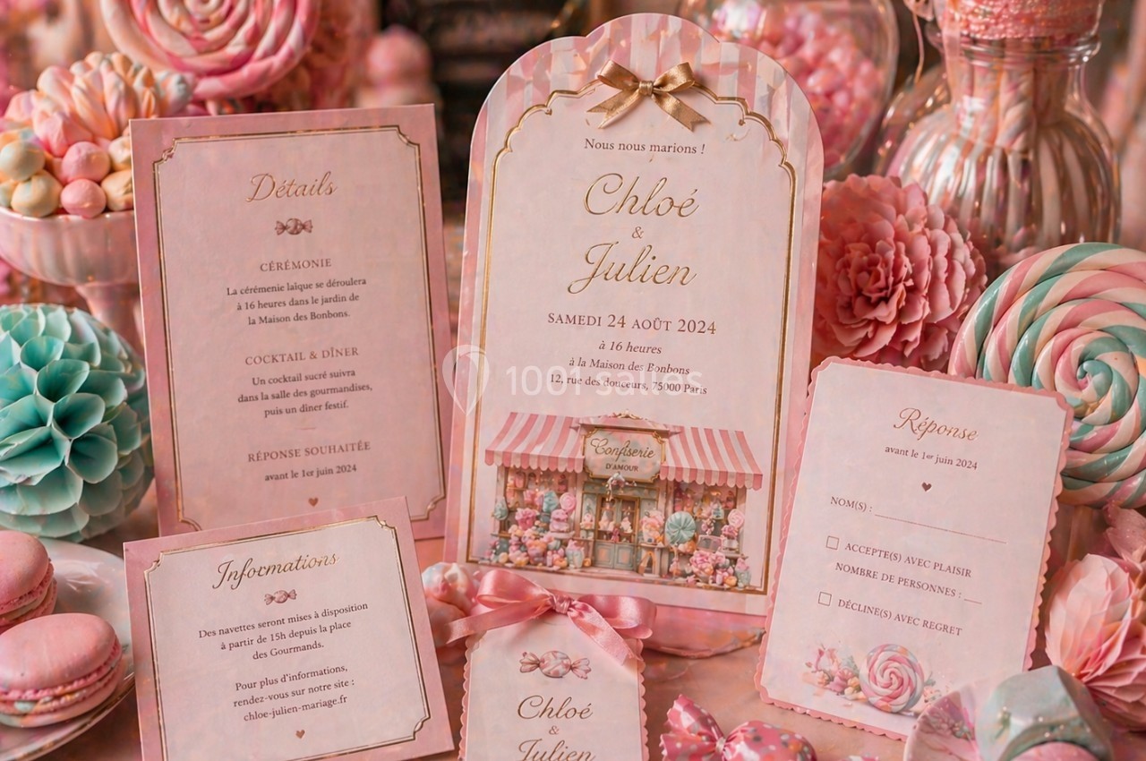 Papeterie de mariage rose et élégante entourée de macarons, bonbons et décorations pastel sur une table.