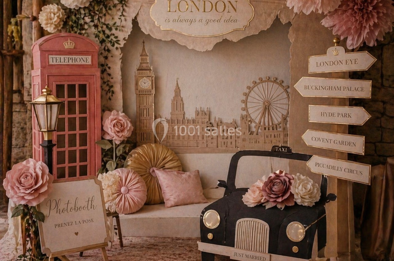 Décor vintage sur le thème de Londres avec cabine téléphonique, Big Ben, taxi noir et fleurs pastel.