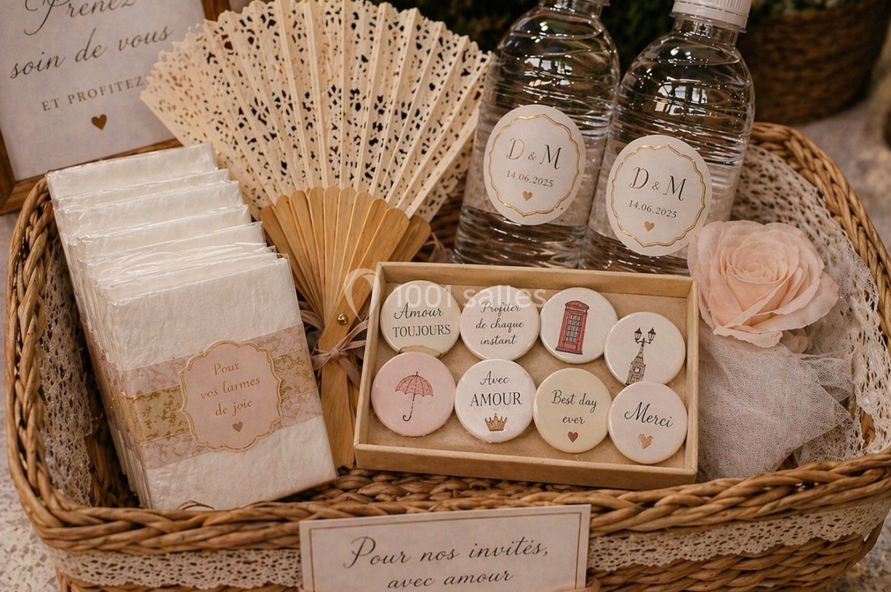 Panier en osier contenant des cadeaux pour invités : éventail, mouchoirs, bouteilles d'eau et biscuits décorés.