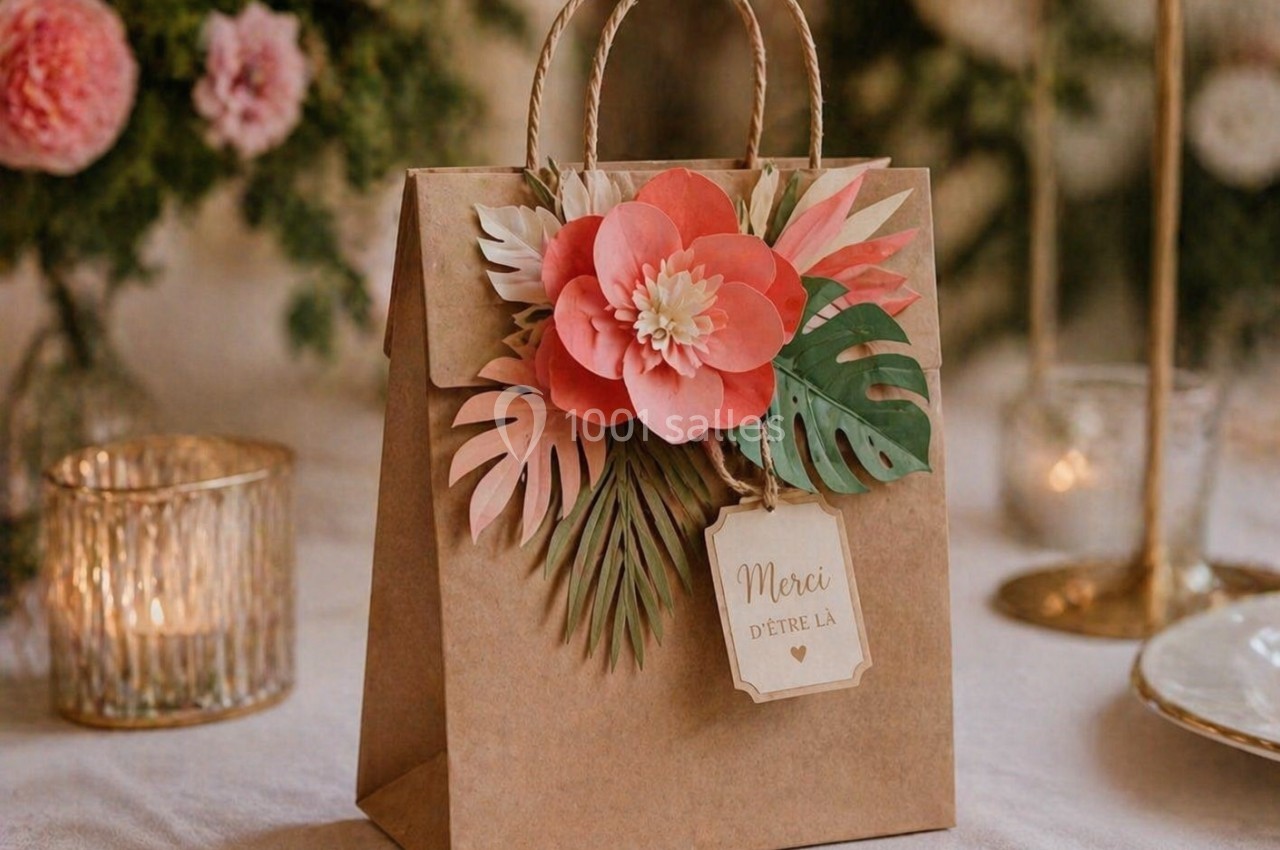 Sac en papier décoré de fleurs en papier colorées et d'une étiquette ’Merci d'être là’, posé sur une table élégante.