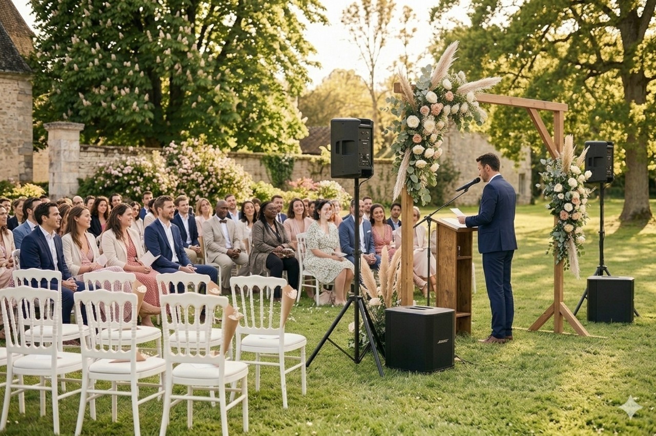 Un homme en costume prononce un discours devant un public assis dans un jardin lors d'une cérémonie en plein air.