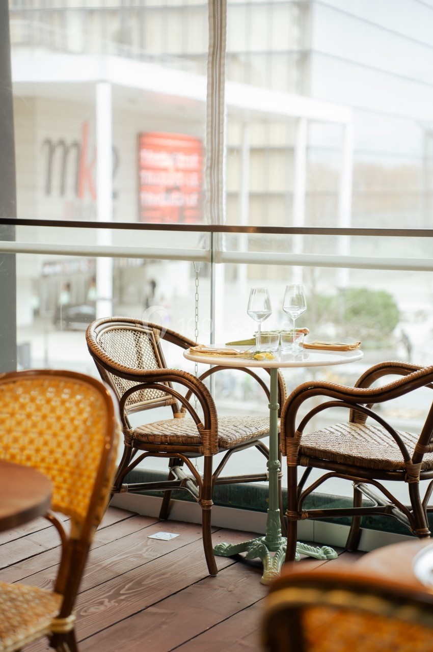 Table en terrasse avec chaises en rotin, deux verres à vin et assiettes, vue sur un bâtiment moderne à travers une baie…