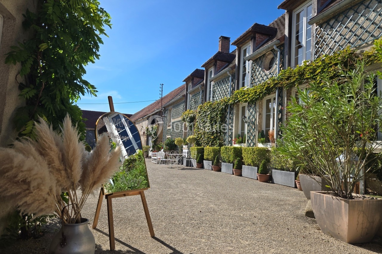 Cour pavée bordée de plantes et de bâtiments en pierre avec des fenêtres à croisillons, sous un ciel bleu.
