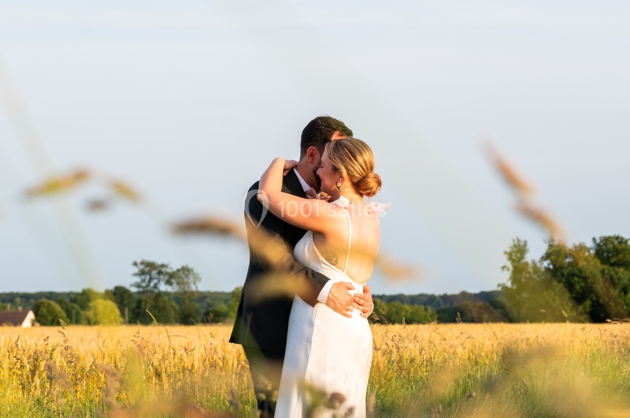 Un couple s'enlace dans un champ ensoleillé, entouré d'herbes hautes et d'un paysage rural.