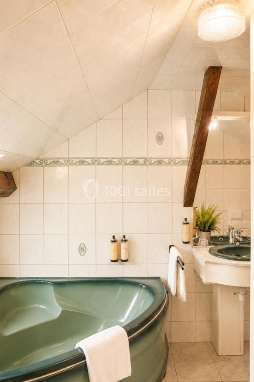 Salle de bain mansardée avec baignoire verte, lavabo blanc, murs carrelés et décoration végétale.