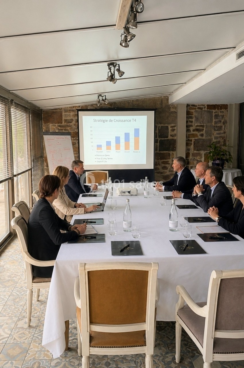 Réunion professionnelle autour d'une table, présentation d'un graphique de stratégie de croissance projeté à l'écran.