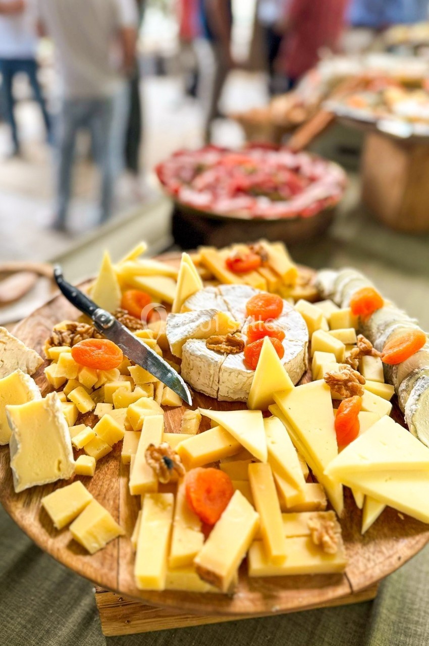 Plateau de fromages variés avec noix et abricots secs, accompagné d'un couteau, sur une table en bois.