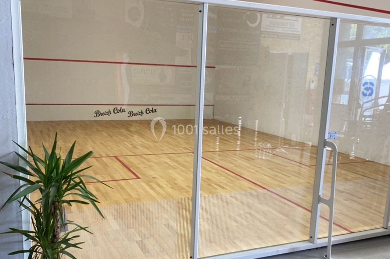 Terrain de squash en bois clair vu à travers une paroi vitrée, avec une plante verte au premier plan.