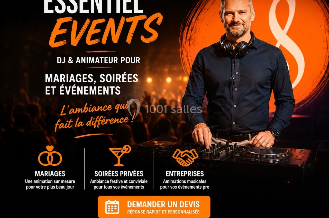 Un DJ souriant derrière une table de mixage, avec des informations sur des services d'animation pour divers événements.