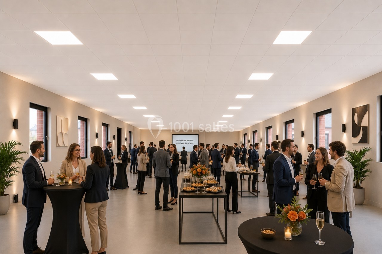 Personnes en tenue professionnelle discutant debout dans une grande salle lumineuse aménagée pour un événement.