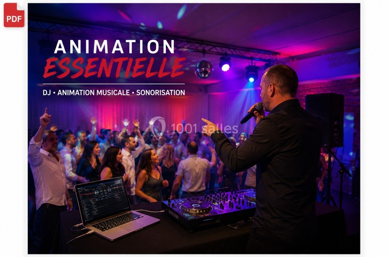 Un DJ anime une soirée dansante avec une foule sur une piste éclairée, platines et micros en avant-plan.