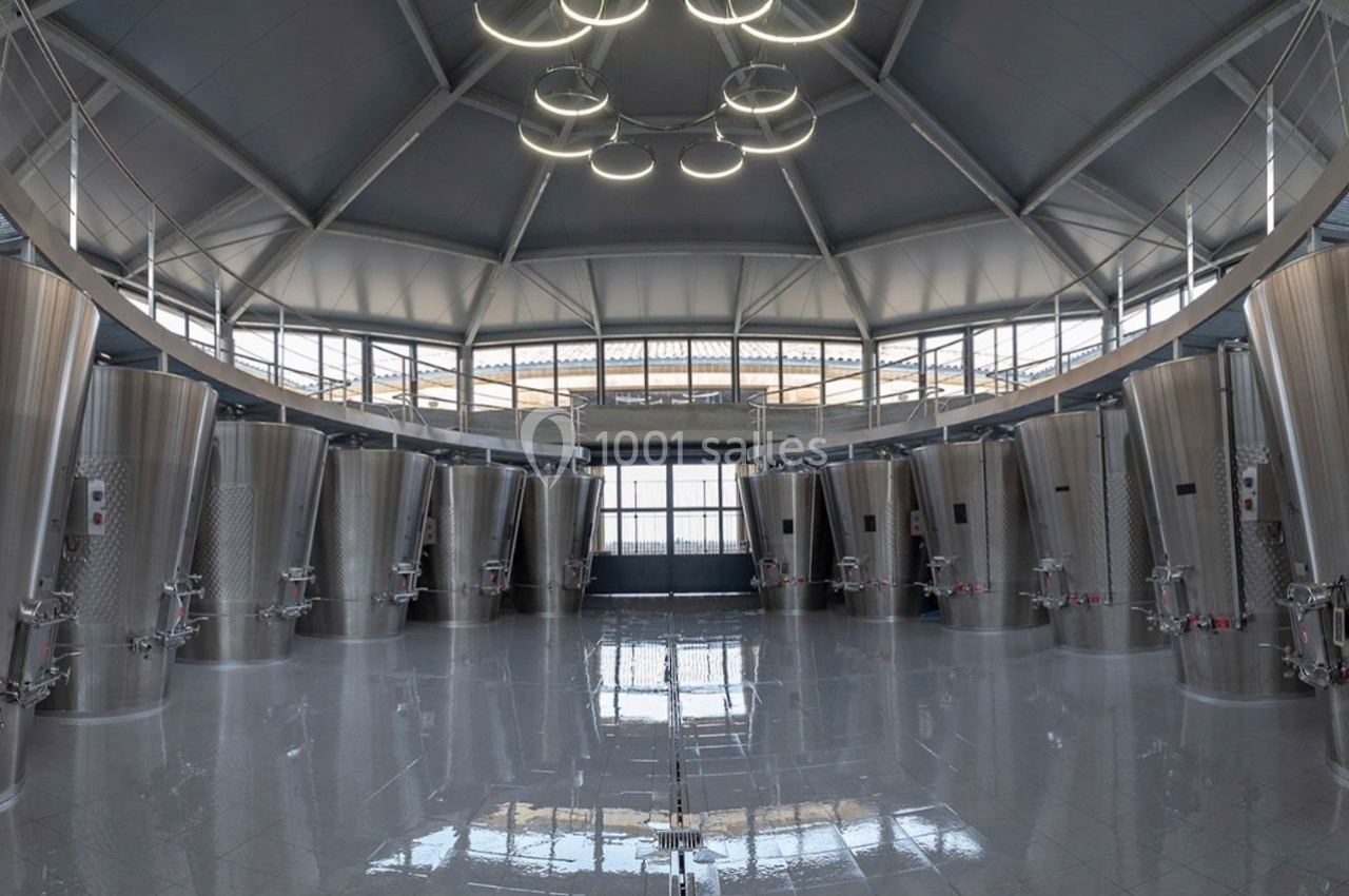 Salle moderne avec cuves en acier inoxydable alignées pour la production de vin, éclairée par des luminaires circulaires.