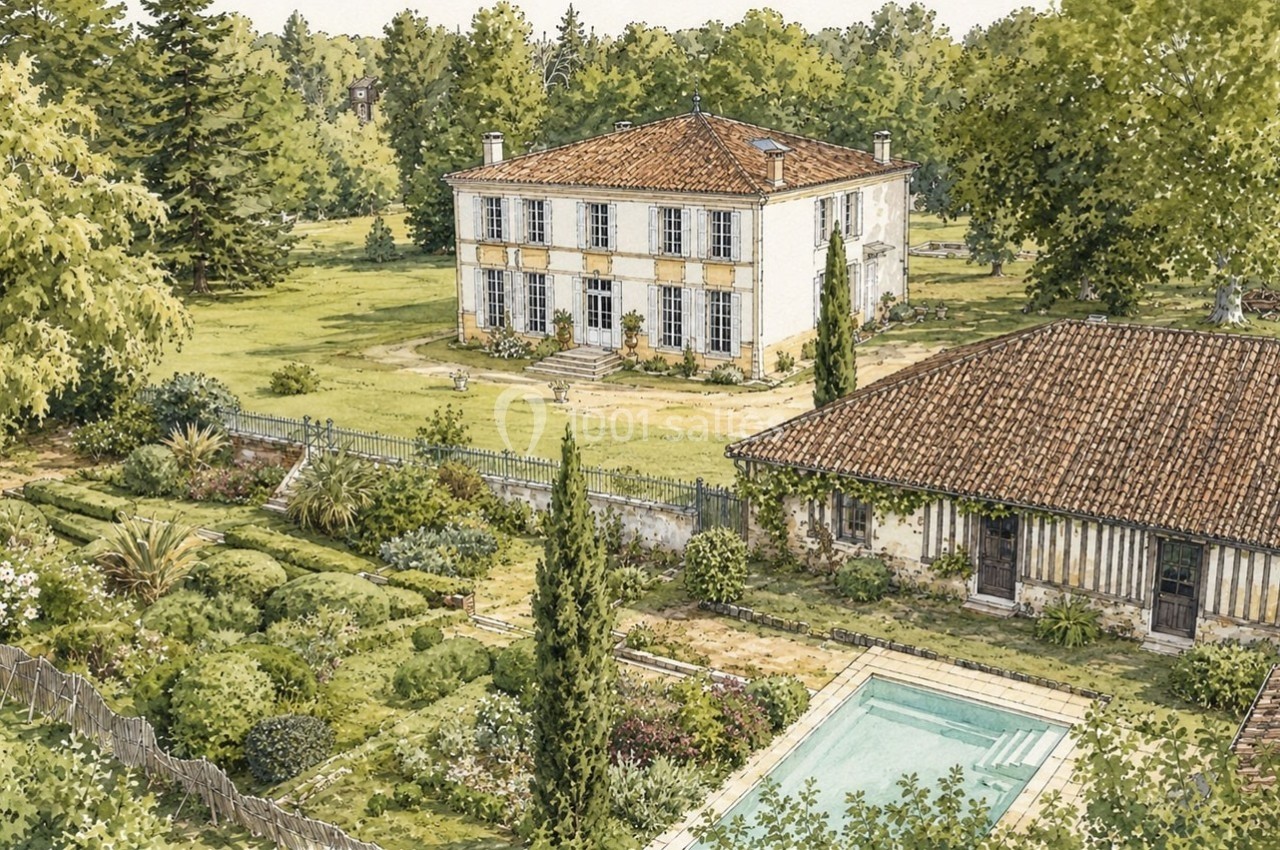 Illustration d'une maison de campagne entourée d'un grand jardin paysager avec piscine et dépendance.