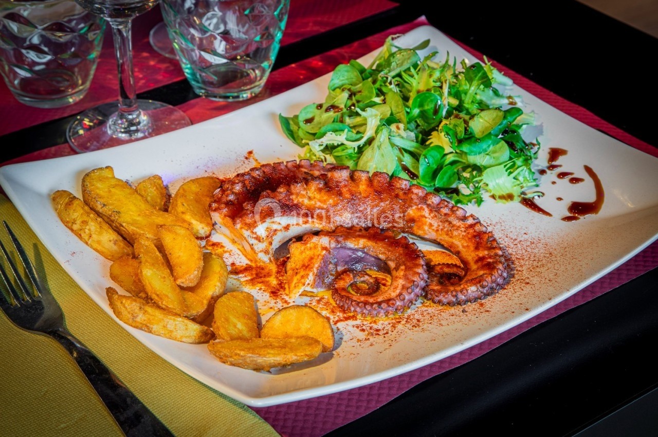 Assiette avec tentacules de poulpe grillées, pommes de terre rôties et salade verte, servie sur une table dressée.
