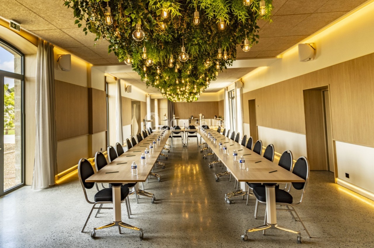 Salle de réunion lumineuse avec tables disposées en U, chaises noires et plafond décoré de plantes suspendues.
