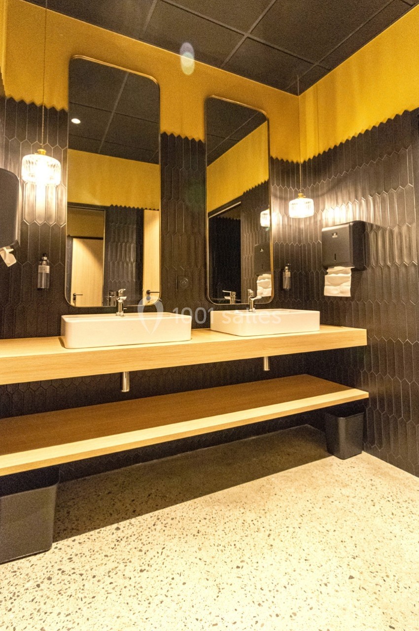 Deux lavabos modernes avec miroirs, éclairage mural et décor en bois et carrelage noir dans une salle de bain contemporaine.