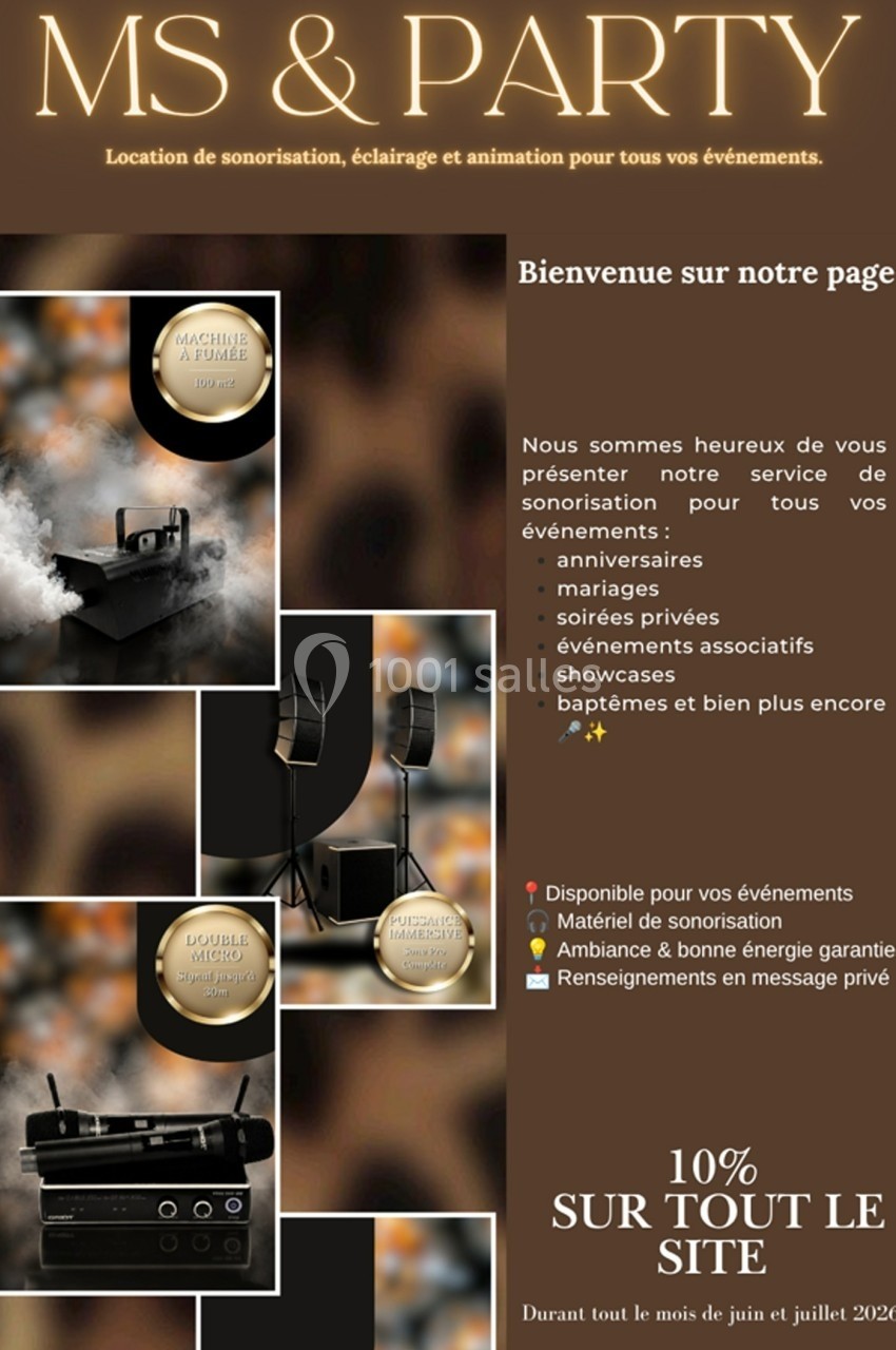 Affiche promotionnelle pour une entreprise de location de matériel de sonorisation et éclairage pour événements.