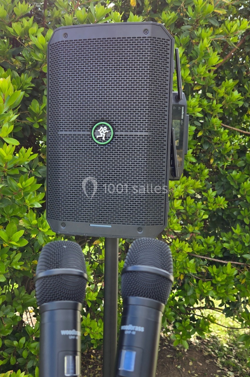 Deux microphones sans fil noirs devant une enceinte portable montée sur un pied, avec des buissons en arrière-plan.