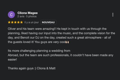 Miniature DJ Pertuis (Vaucluse) - Vaelys #3 Avis client positif décrivant une expérience de mariage avec une équipe professionnelle et une ambiance réussie.