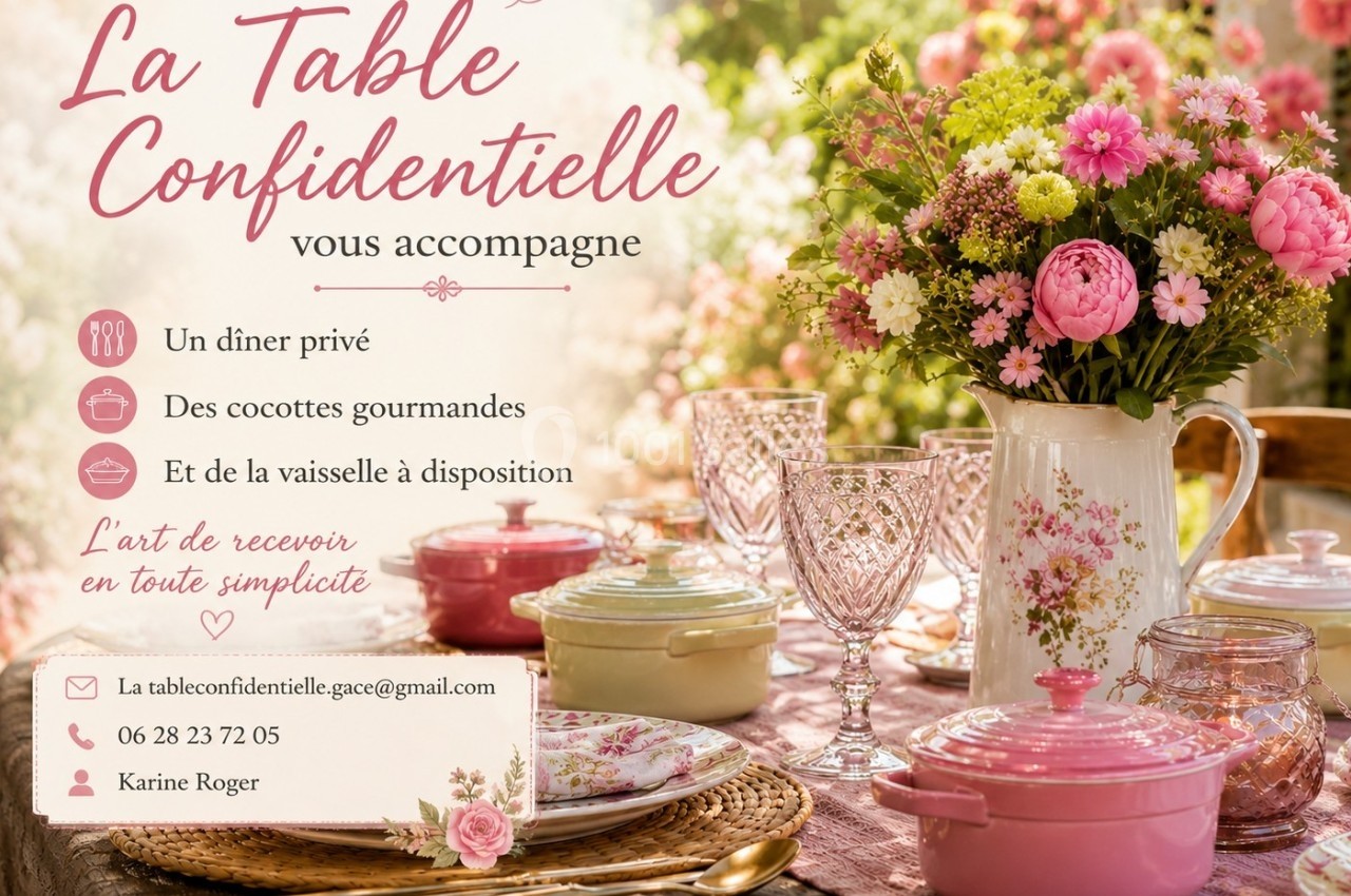 Table dressée avec vaisselle fleurie, cocottes colorées et bouquet de fleurs, évoquant un repas estival élégant.