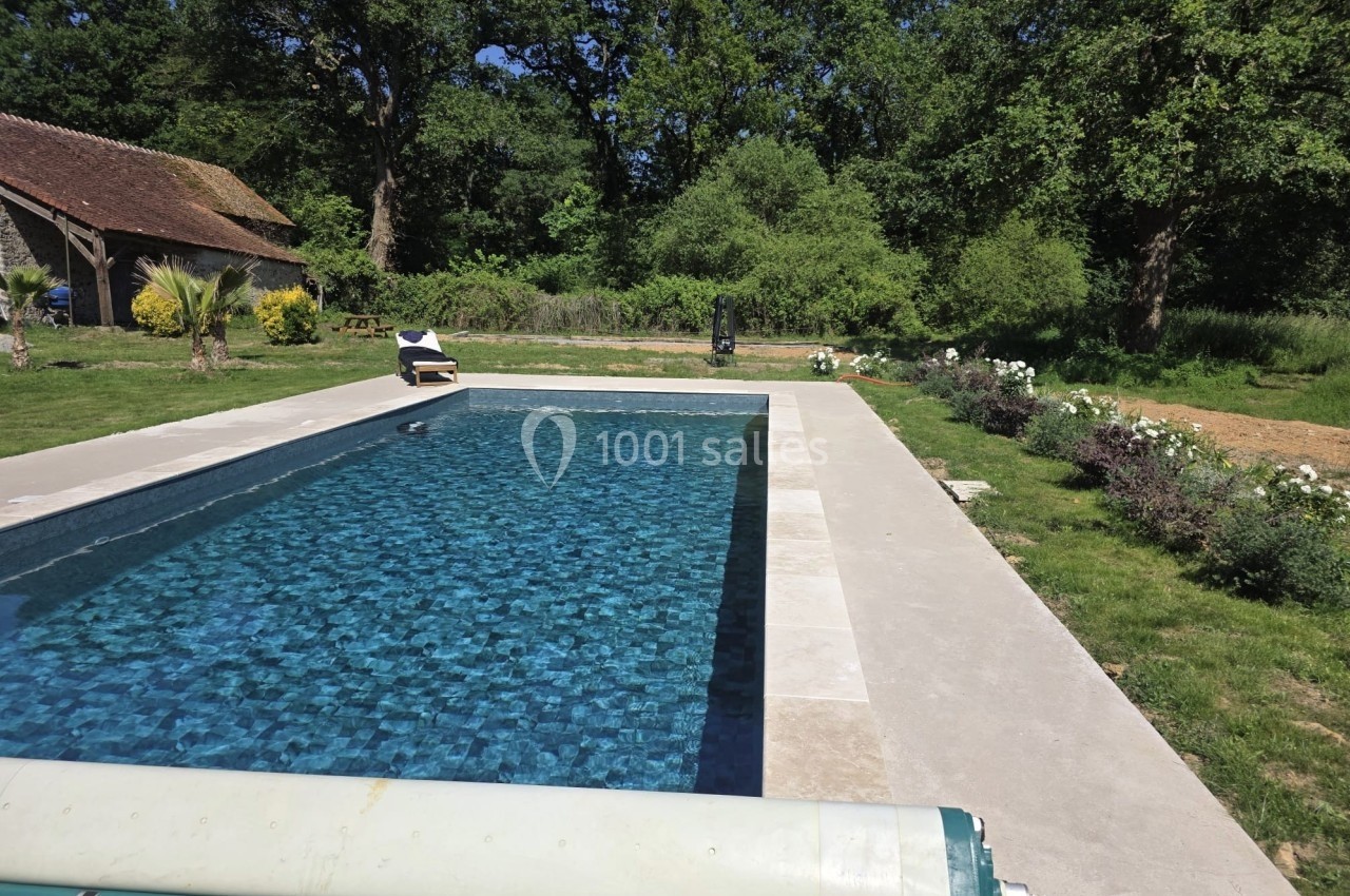 Piscine extérieure entourée de verdure avec margelle en pierre, transat et pelouse arborée en arrière-plan.