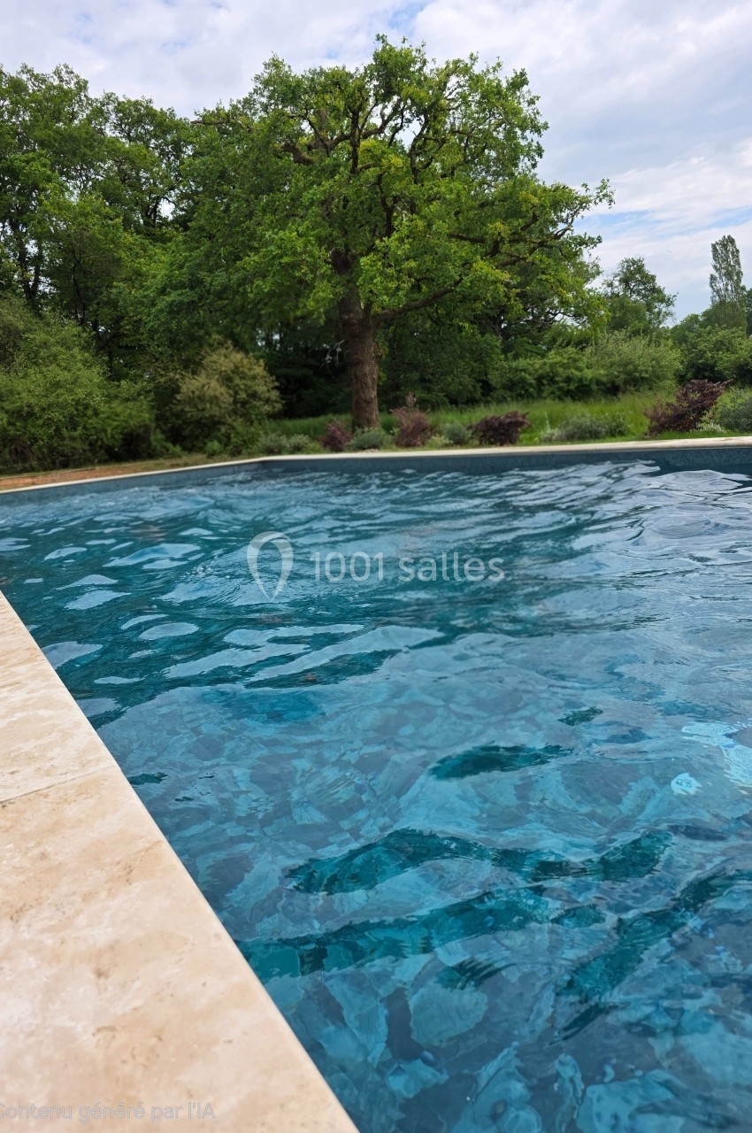 Piscine extérieure bordée de pierre, entourée de verdure et d'arbres sous un ciel légèrement nuageux.
