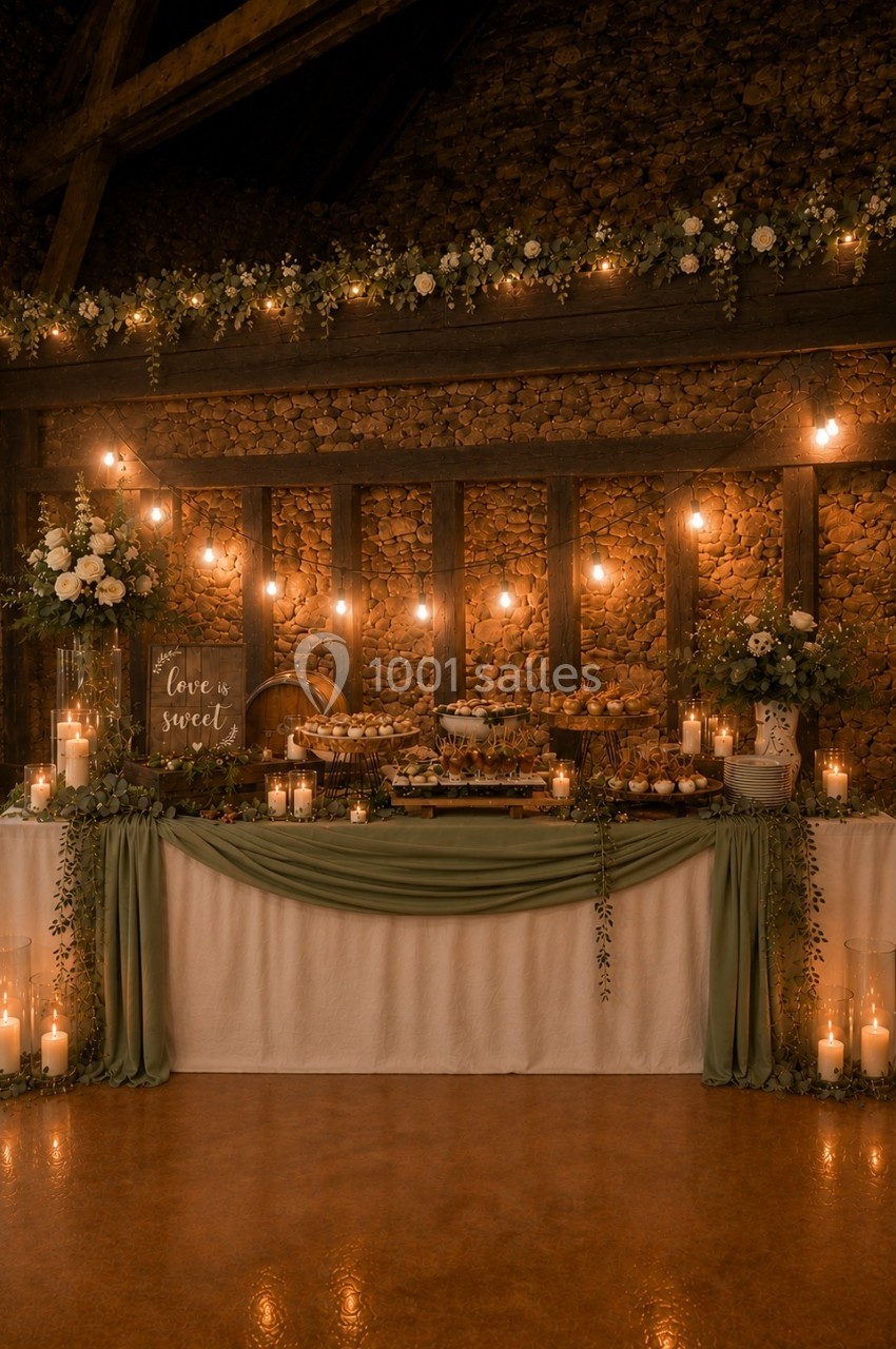 Table décorée pour un buffet, ornée de fleurs, bougies et guirlandes lumineuses dans une salle en pierre.