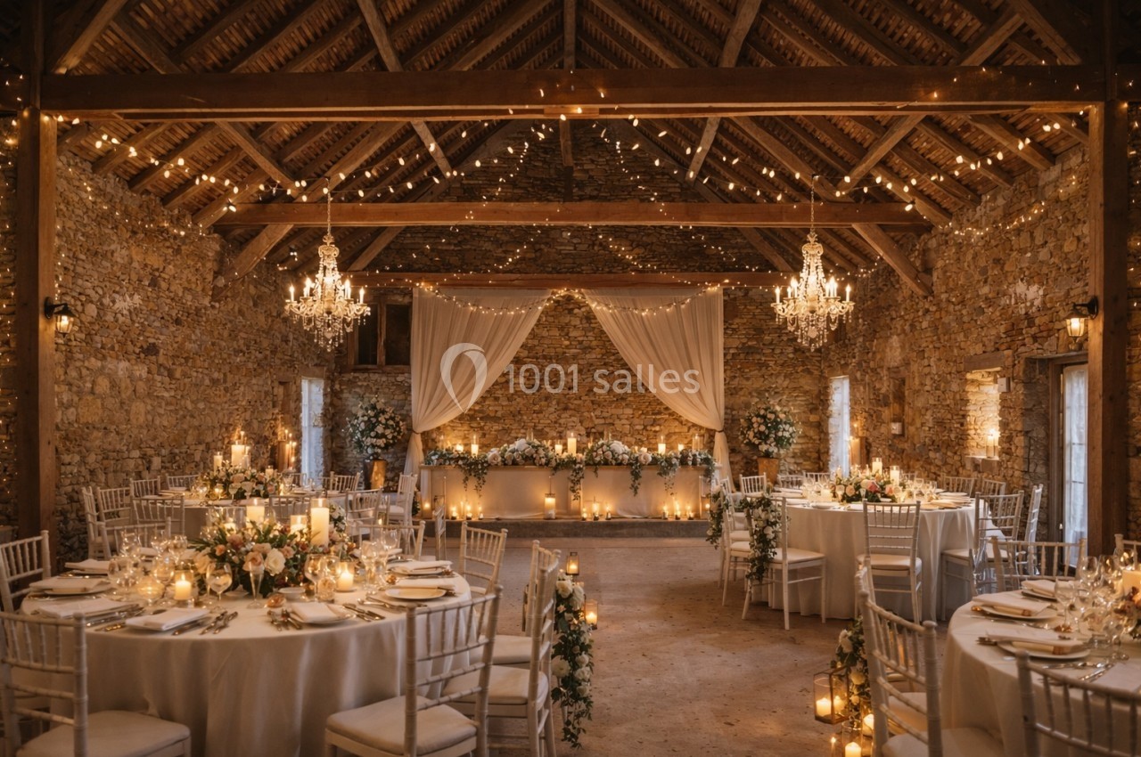 Salle de réception en pierre avec tables décorées, chandeliers suspendus et guirlandes lumineuses au plafond.