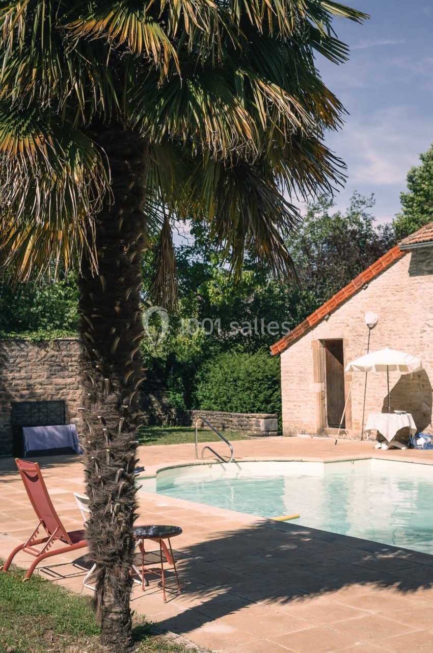 Piscine extérieure entourée de dalles, avec un palmier, une chaise longue et un bâtiment en pierre à proximité.