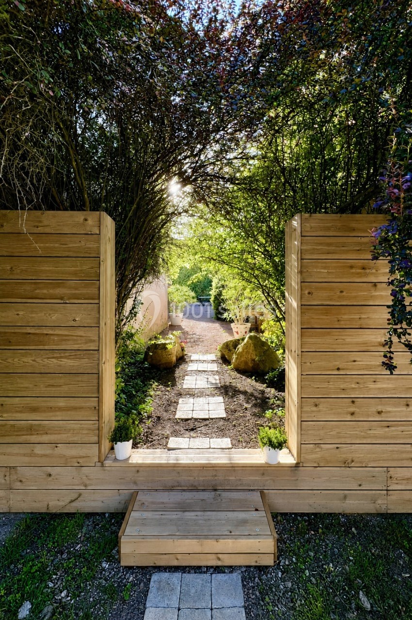 Passage en bois encadré de végétation, menant à un chemin pavé entouré de verdure.
