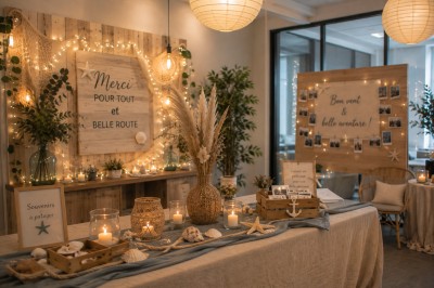 Vitrine de pâtisserie avec gâteaux décorés, tarte aux pommes, bûche et décorations florales sous un éclairage chaleureux.