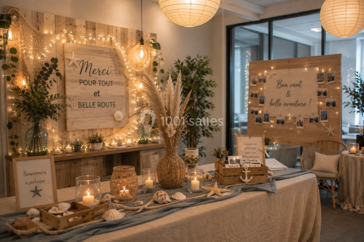 Décoration de table avec bougies, coquillages et panneaux en bois illuminés pour un événement chaleureux.