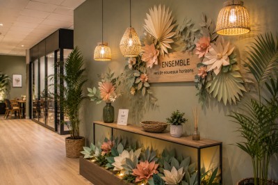 Vitrine de pâtisserie avec gâteaux décorés, tarte aux pommes, bûche et décorations florales sous un éclairage chaleureux.