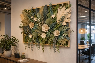 Vitrine de pâtisserie avec gâteaux décorés, tarte aux pommes, bûche et décorations florales sous un éclairage chaleureux.