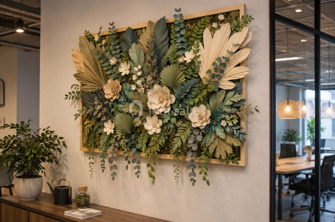 Mur végétal décoratif avec des feuilles séchées et fleurs artificielles encadrées, dans un espace de bureau moderne.