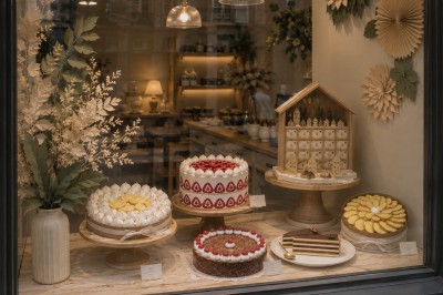 Vitrine de pâtisserie avec gâteaux décorés, tarte aux pommes, bûche et décorations florales sous un éclairage chaleureux.