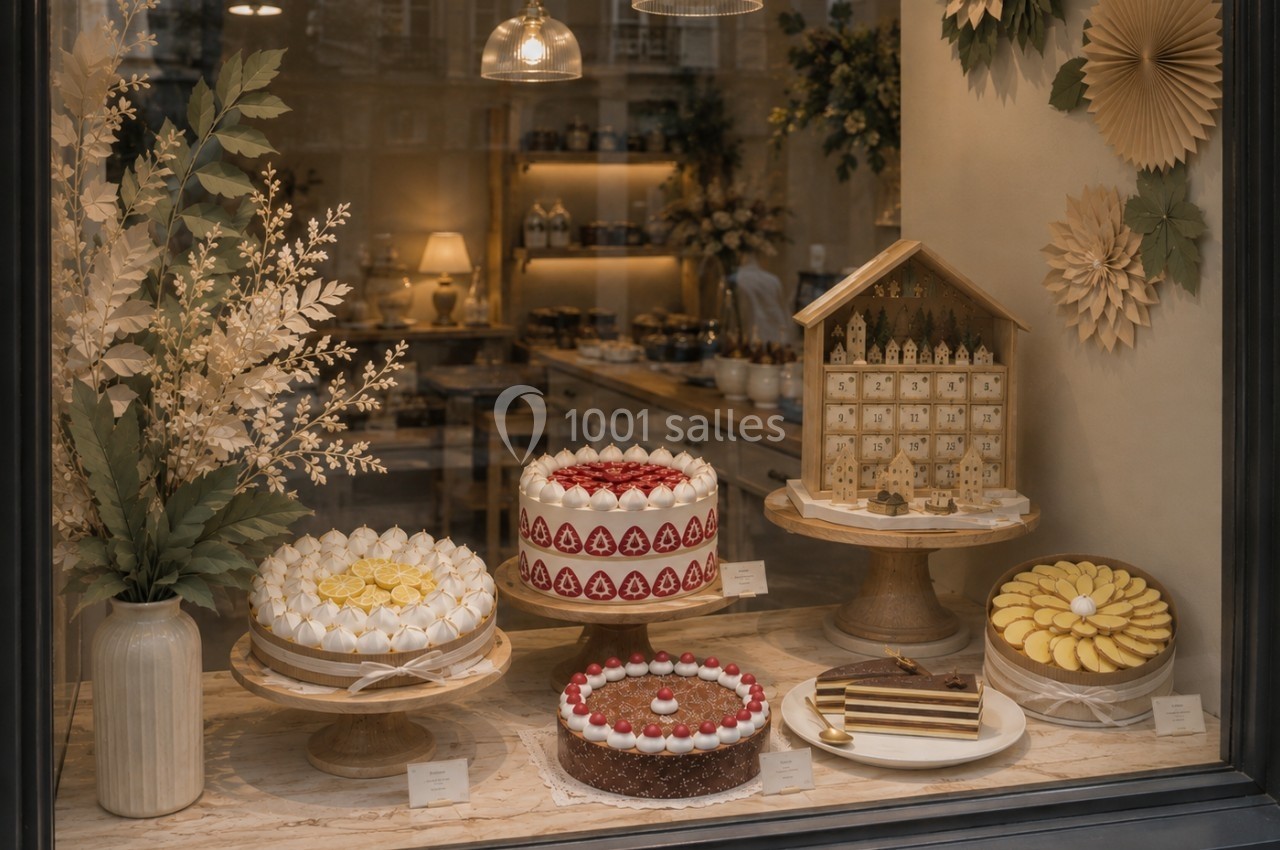 Vitrine de pâtisserie avec gâteaux décorés, tarte aux pommes, bûche et décorations florales sous un éclairage chaleureux.