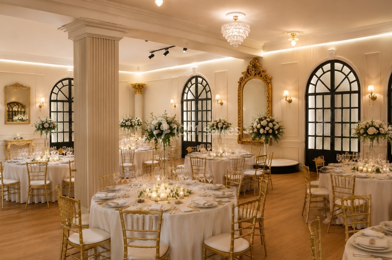 Salle de réception élégante avec tables rondes décorées, chaises dorées et arrangements floraux blancs.