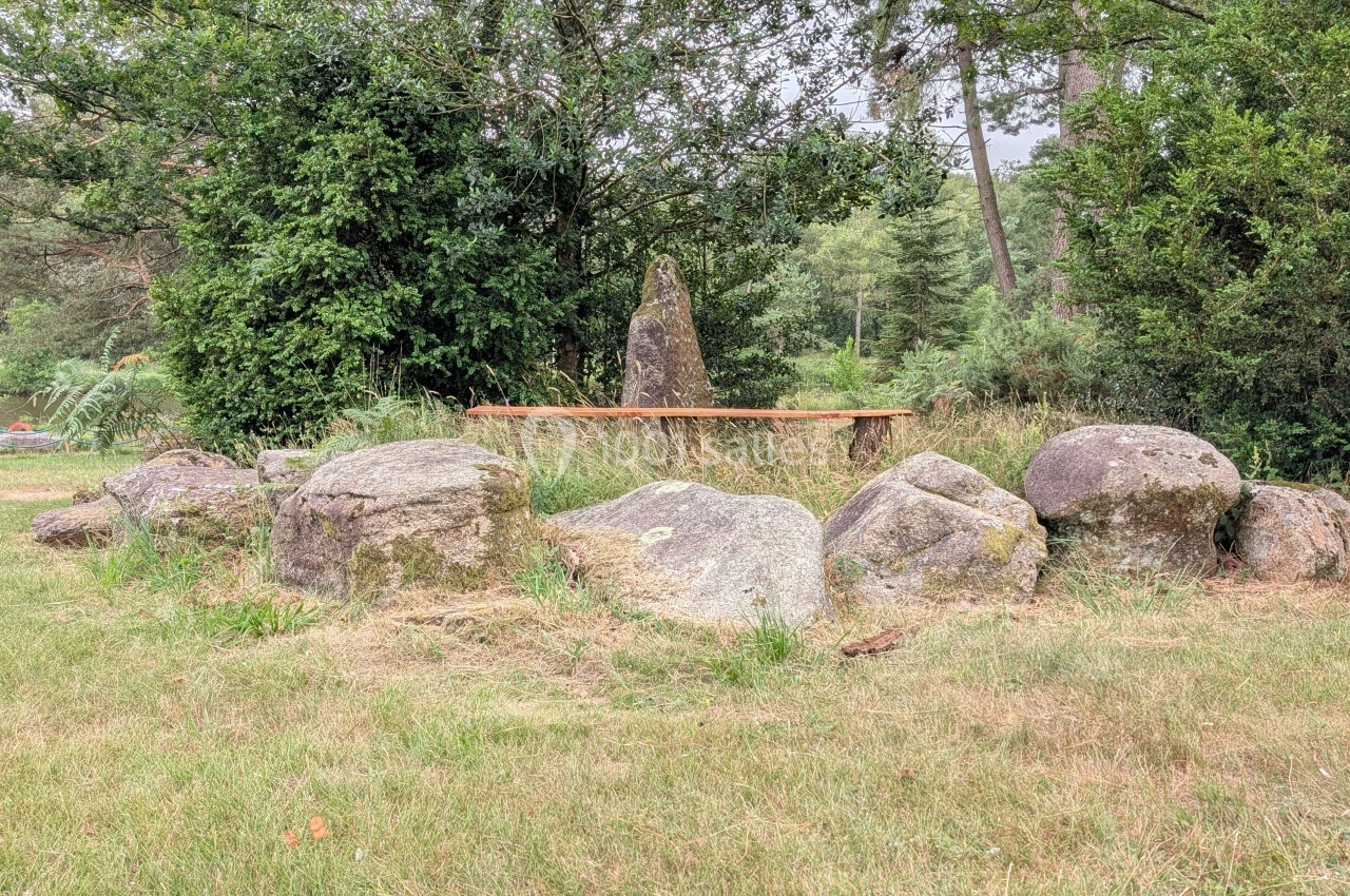 Cercle de pierres avec une table en bois au centre, entouré de végétation dans un espace naturel.