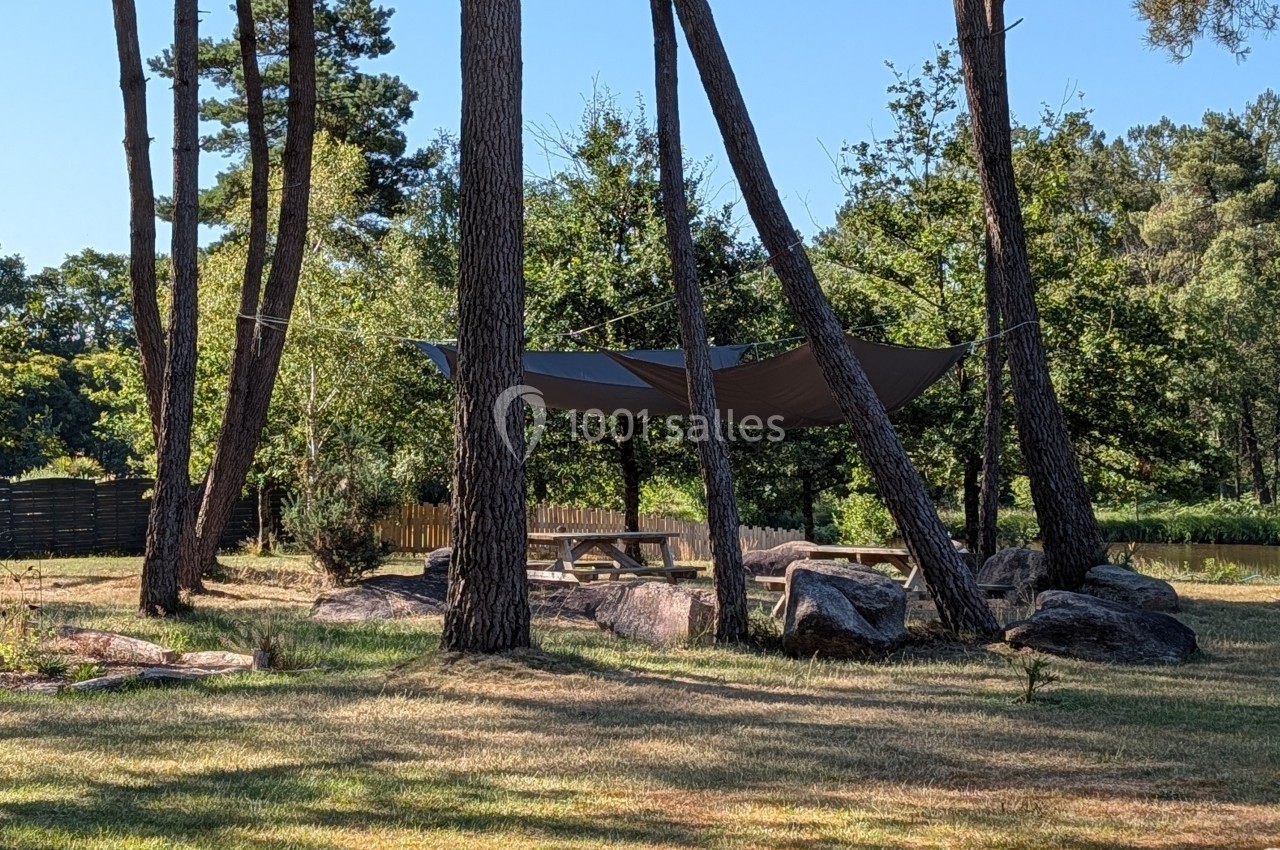 Tables de pique-nique ombragées sous une toile tendue entre des arbres, dans un espace naturel boisé.