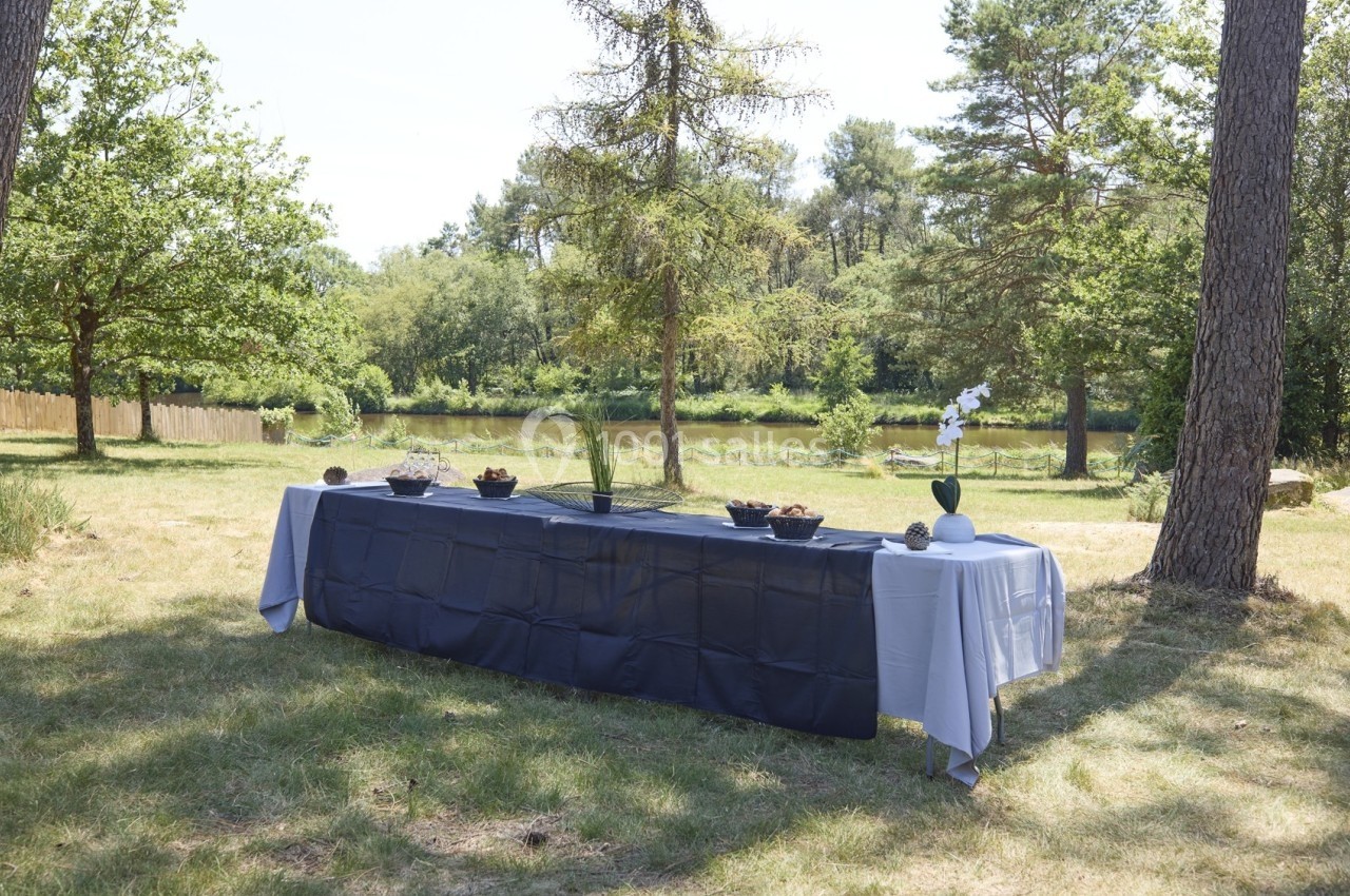 Table drapée de nappes grises, décorée de plantes et d'orchidées, installée en extérieur près d'un étang boisé.