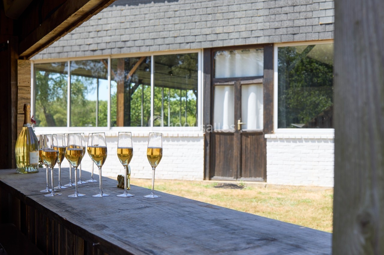 Six verres de vin blanc alignés sur un comptoir en bois, avec une bouteille et un bâtiment en arrière-plan.