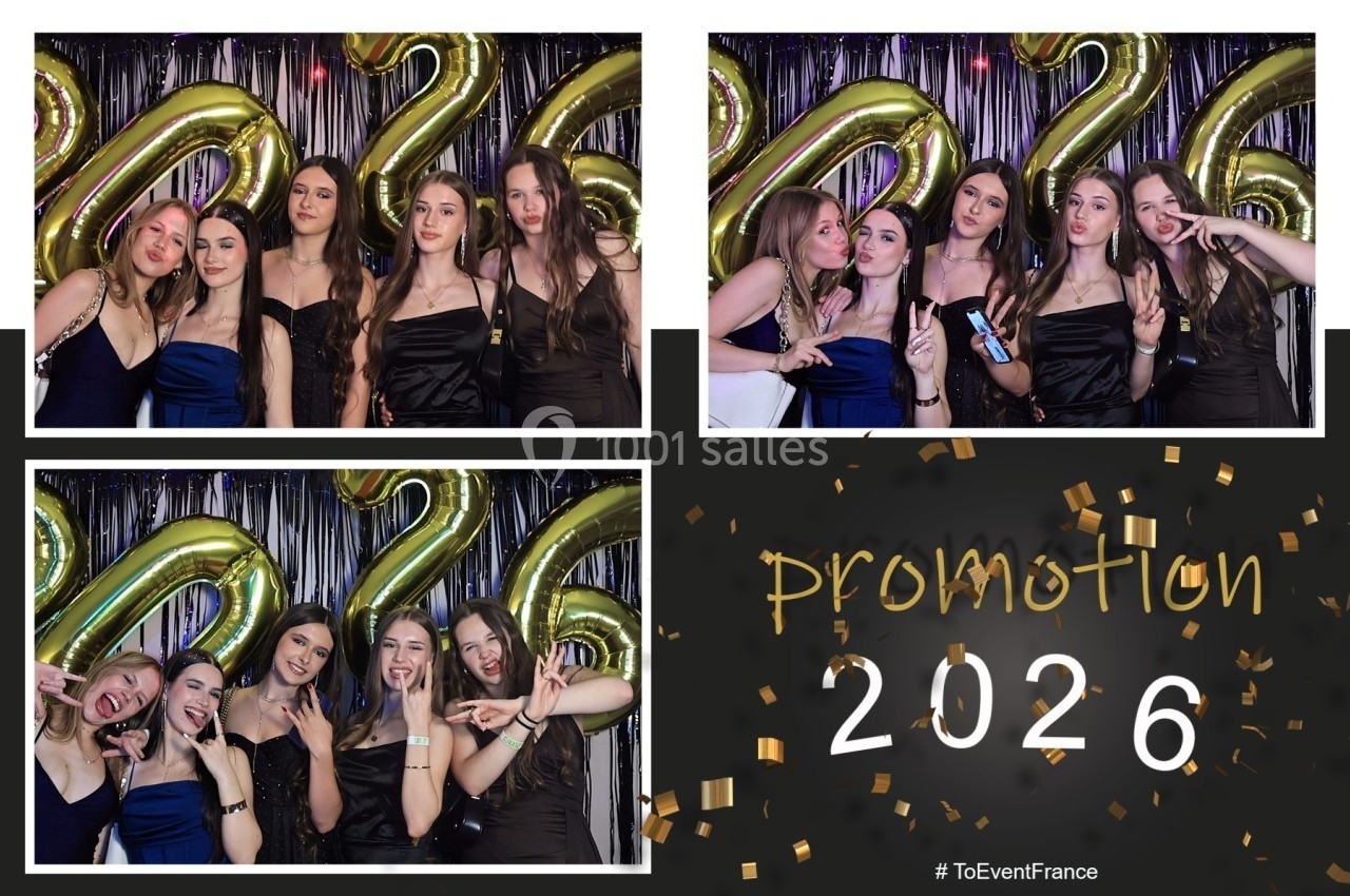 Quatre photos de jeunes femmes posant devant des ballons dorés formant ’2026’, sur un fond festif avec des guirlandes.