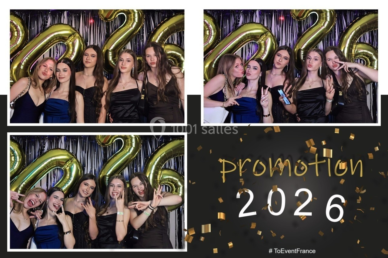 Quatre photos de jeunes femmes posant devant des ballons dorés formant ’2026’, sur un fond festif avec des guirlandes.