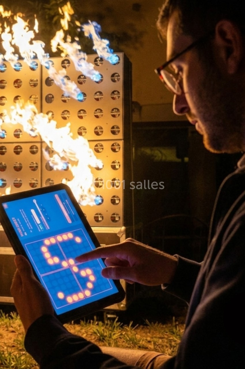 Un homme utilise une tablette pour contrôler un dispositif lumineux enflammé en extérieur, de nuit.
